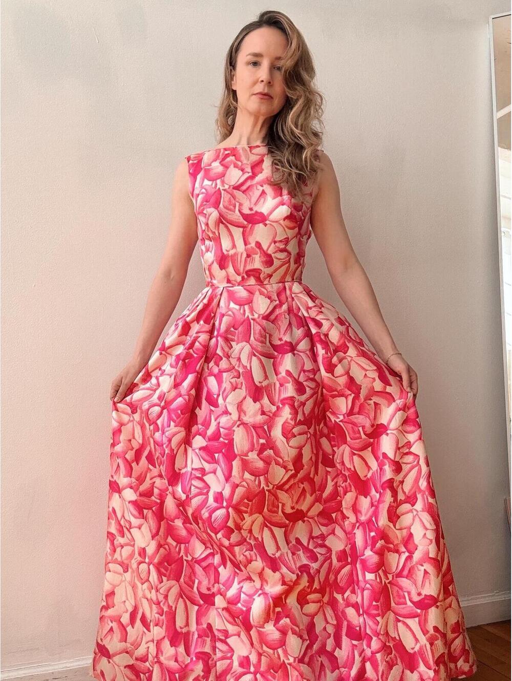 Vintage 1960s Pink Silk Watercolor Floral Print Gown